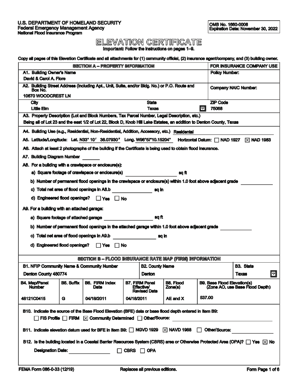 FEMA Elevation Certification drawing